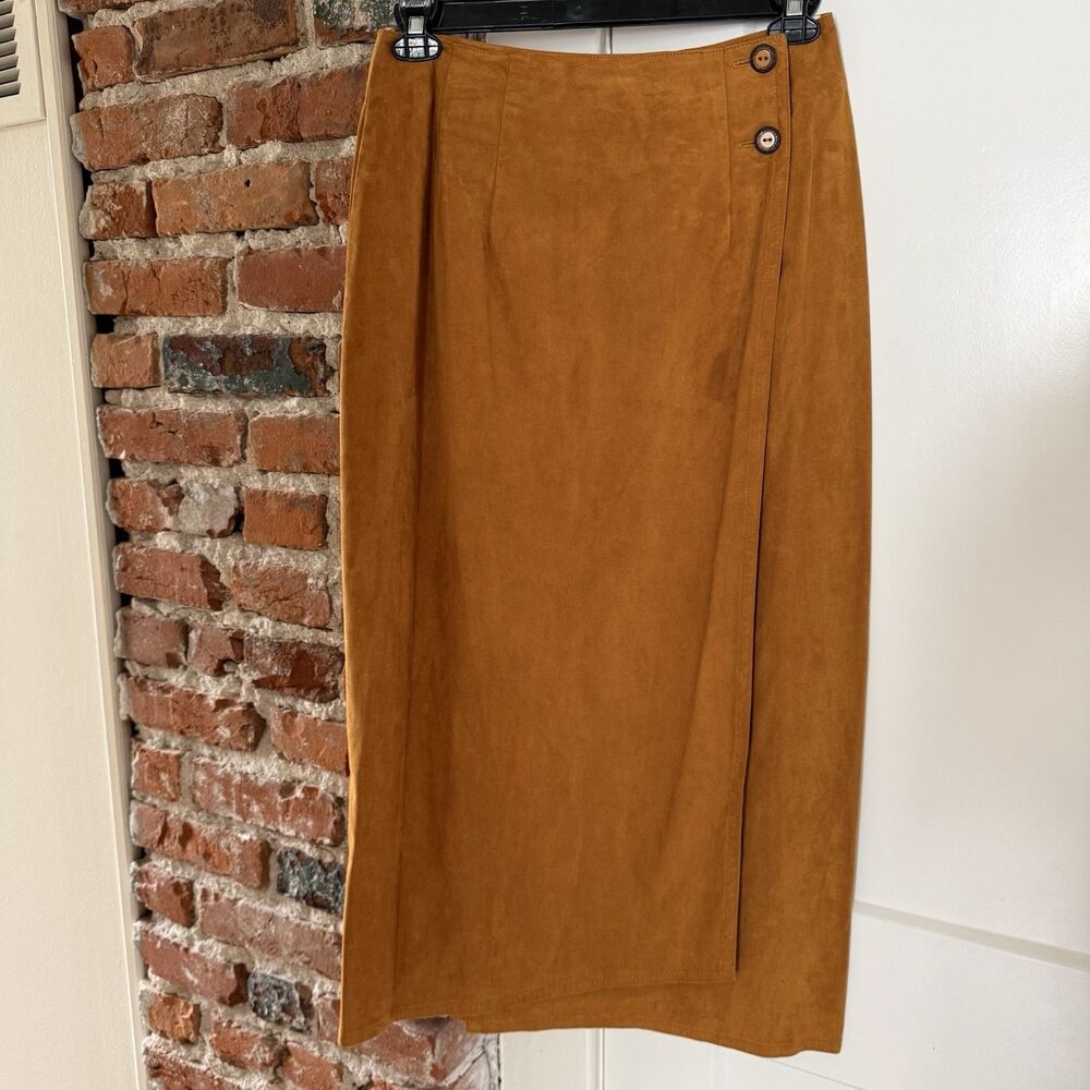 VTG 80s Sharon Young Women’s Size 8 Faux Suede Midi Wrap Skirt Camel Tan